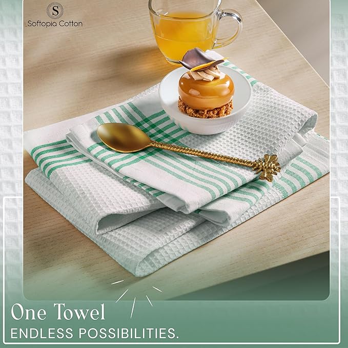 Waffle White & Dark Green Kitchen Towels 12 Pack, 100% Cotton, 16x26 inches, Super Absorbent Tea Towel for Drying Dishes, Quick Drying Kitchen Cloth Set for Daily Cooking, Cleaning