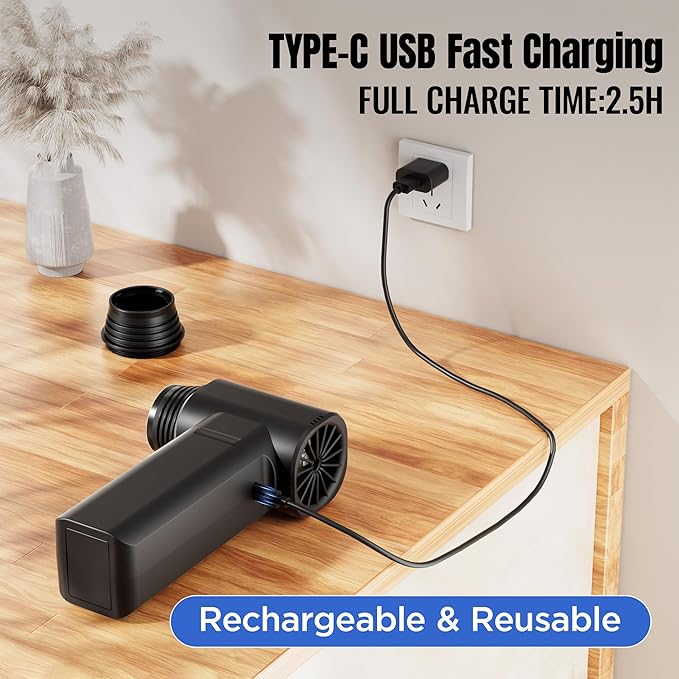 air Duster,Compressed Air Duster,800000RPM Super Power Mini Blower, 3-Gear Electric Air Duster with USB Fast Charging(Black)