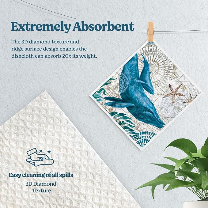 Swedish Dishcloths for Kitchen, Summer Coastal Beach Decor Kitchen Dish Towels for Washing Dishes, 4 Pack Reusable Paper Towels Washable, Sponge Cloths for Cleaning Home Kitchen Decor