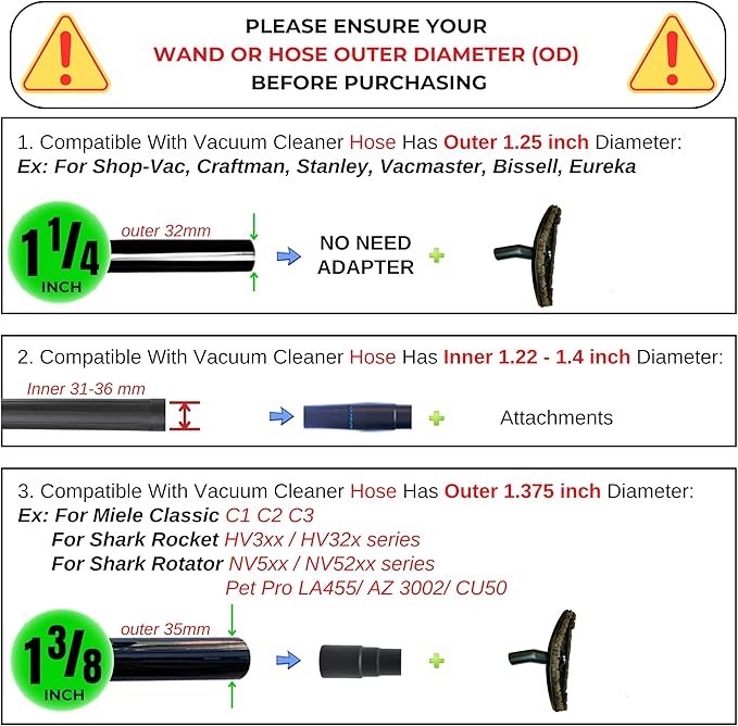 Replacement Vacuum Brush Head With 32MM Connection & 1-3/8-Inch to 1-1/4-Inch Adapter | Works on Low Carpet & All Floors | Horse Hair Hardwood Vacuum Attachment