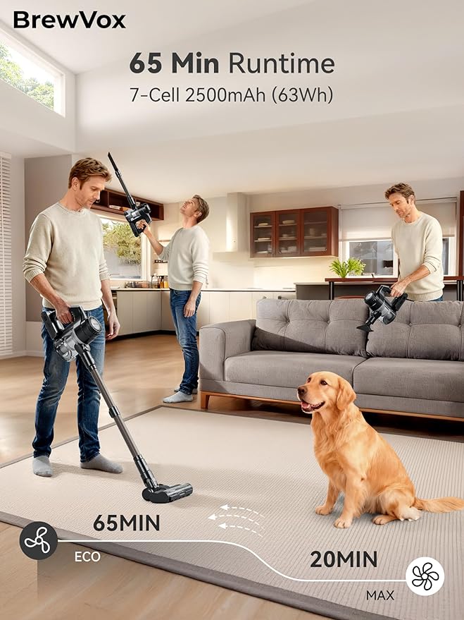 Telescopic Cordless Stick Vacuum Cleaner for Home Carpet & Pet Hair, 40kPa Powerful Suction, 450W Motor, 65 Min Runtime, 2.5H Quick Rechargeable for All Floors