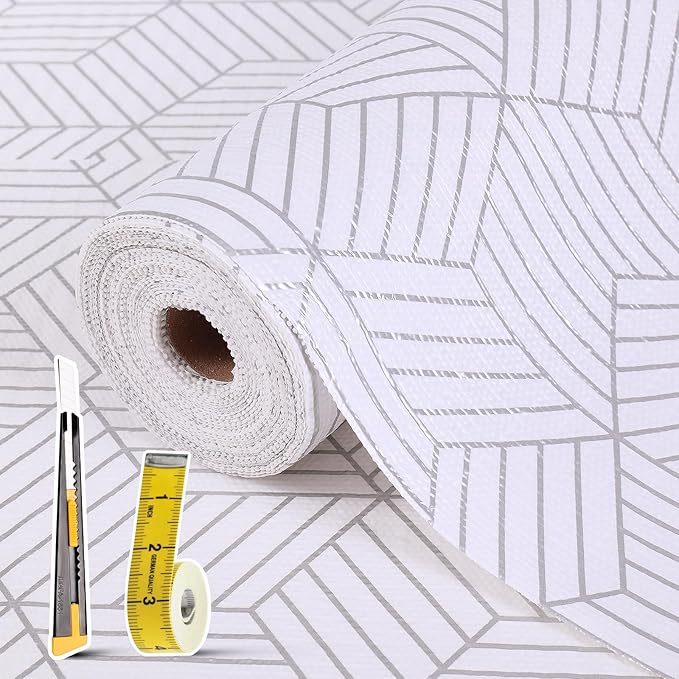 Shelf Liners for Kitchen Cabinets 24in x 20FT, Non Adhesive Cabinet Liner Strong Non-Slip Thickened Silver Geometric Easy to Clean for Shelf, Cabinet, Refrigerator with Knife and Tape Measure