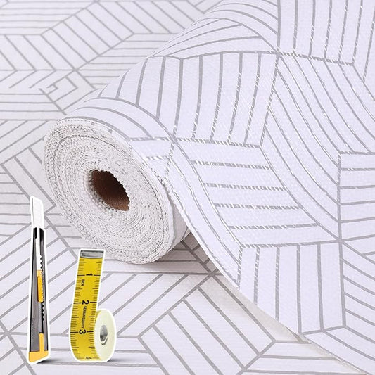 Shelf Liners for Kitchen Cabinets 24in x 20FT, Non Adhesive Cabinet Liner Strong Non-Slip Thickened Silver Geometric Easy to Clean for Shelf, Cabinet, Refrigerator with Knife and Tape Measure