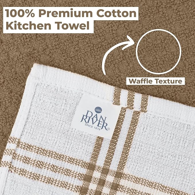 DAN RIVER Premium Kitchen Towels - [Pack of 6] 100% Cotton (16x 26 Inches) -Super Soft,Highly Absorbent, Quick Dry, Dish Towels for Kitchen Towels -Tan