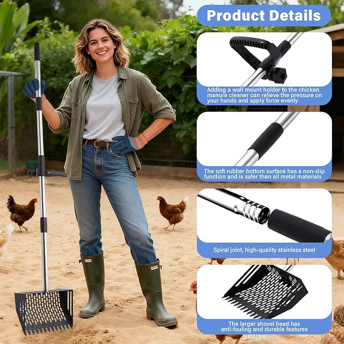 2-in-1 Chicken Poop Scooper & Rake, 10 Inch Coop Sand Sifting Shovel with 37" to 65" Adjustable Stainless Steel Handle, Litter Cleaning Tools with Gloves for Chicken Coop Farm Animals (Black)