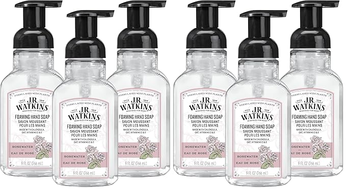 J.R. Watkins Foaming Hand Soap with Pump Dispenser, Moisturizing Foam Hand Wash, Alcohol-Free, Cruelty-Free, eau de rose, 9 fl oz, (Pack of 6)