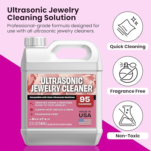 Maplefield Ultrasonic Jewelry Cleaner Solution 32oz – Concentrated Professional Jewelry Cleaning Formula for Ultrasonic Machines, Safely Removes Dirt, Grime & Tarnish from Gold, Silver & Gemstones