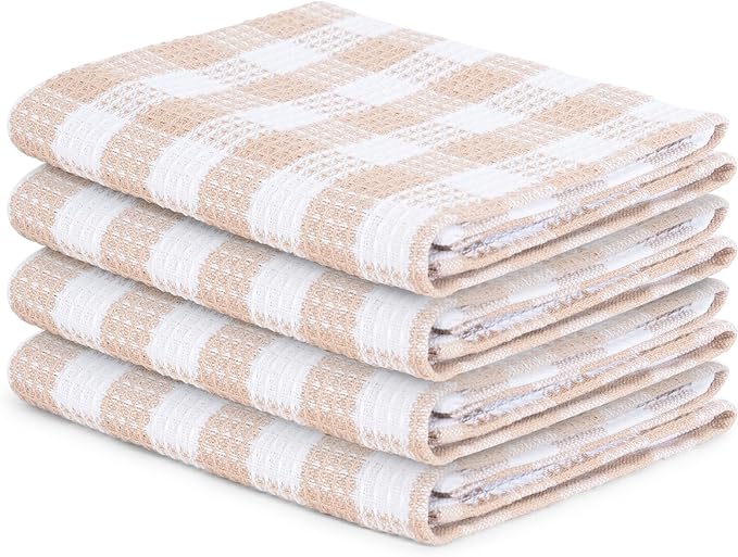 Blue Needles Waffle Weave Check Plaid Kitchen Towels, 15x25 Inches 100% Cotton Set of 4 Dish Towels for Kitchen, Ultra Soft & Absorbent for Quick Drying with Hanging Loop Spring Summer - Beige & White