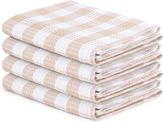 Blue Needles Waffle Weave Check Plaid Kitchen Towels, 15x25 Inches 100% Cotton Set of 4 Dish Towels for Kitchen, Ultra Soft & Absorbent for Quick Drying with Hanging Loop Spring Summer - Beige & White