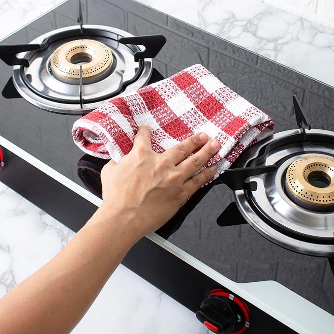 Blue Needles Waffle Weave Check Plaid Kitchen Towels, 15x25 Inches 100% Cotton Set of 4 Dish Towels for Kitchen, Soft & Absorbent for Quick Drying with Hanging Loop Spring Summer - Burgundy & White