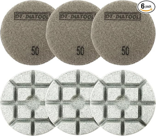 DT-DIATOOL 3 Inch Diamond Polishing Pads, 6pcs #50 Wet Polishing Hook and Loop Pads for Concrete Countertop