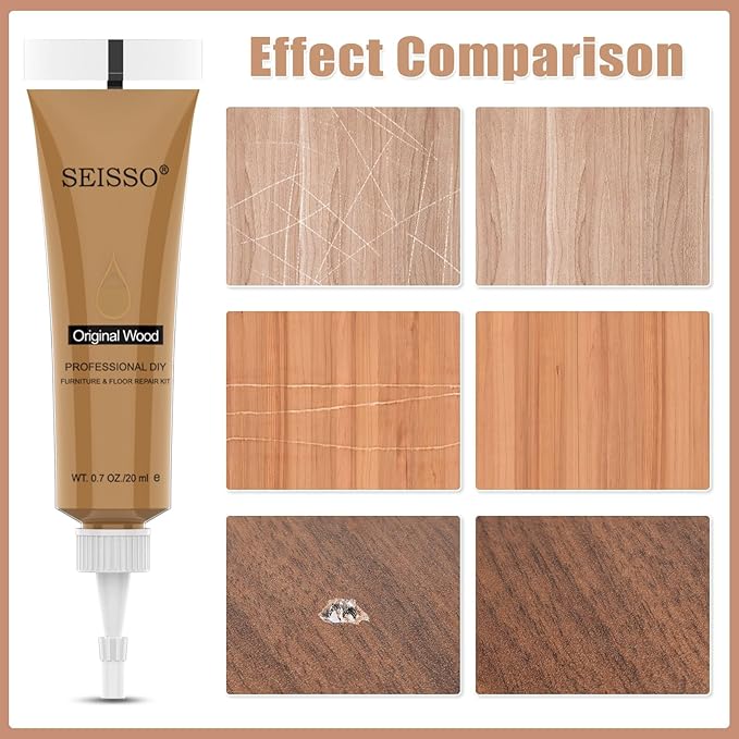 SEISSO Furniture Repair Kit Wood Filler - 12 Pcs Touch Up Wood Restore Set Filler 12 Colors Furniture Scratch Kit with Tools, Wood Repair Kit for Scratches, Stains, Scorch, Wooden Floor, Door, Table