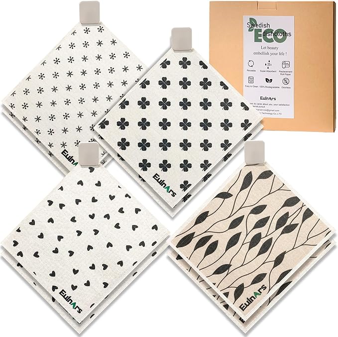 Reusable Paper Towels, 8-Pack Swedish Dishcloths for Kitchen with 3 Clips, Black White, Cotton, 200 Washes
