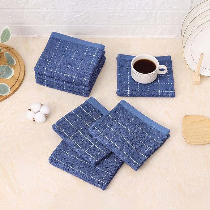Mordimy 100% Cotton Terrycloth Kitchen Towels and Dishcloths Sets, Soft and Absorbent Checkered Dish Towels, Quick Drying Dish Rags for Washing Dishes, 4 Pack 16" x 26" & 4 Pack 12" x 12", Navy Blue