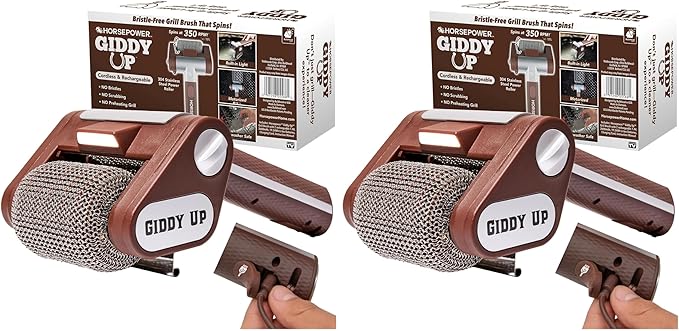 HorsePower Giddy Up Grill Cleaner AS SEEN ON TV! – Cordless, Rechargeable BBQ Tool with 350 RPM Stainless Roller, LED Light – Patents Pending – From BulbHead, a Family-Owned American Brand (Pack of 2)