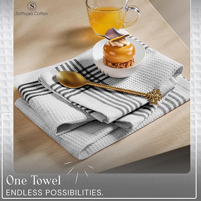 Waffle White & Black 12 Pack Kitchen Dish Towels, 100% Cotton, 16x26 inches, Wash Rags for Drying Dishes, Highly Absorbent, Long Lasting Hand Towels Set for Daily Cooking & Cleaning