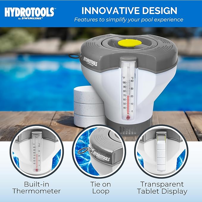 SWIMLINE HYDROTOOLS Smart Chlorine Floater Dispenser for Above Ground & Inground Pools Spas W/Thermometer | Tablet Refill Indicator & Tongs | Large Adjustable Floating 3-Inch Chlorine Bromine Tabs