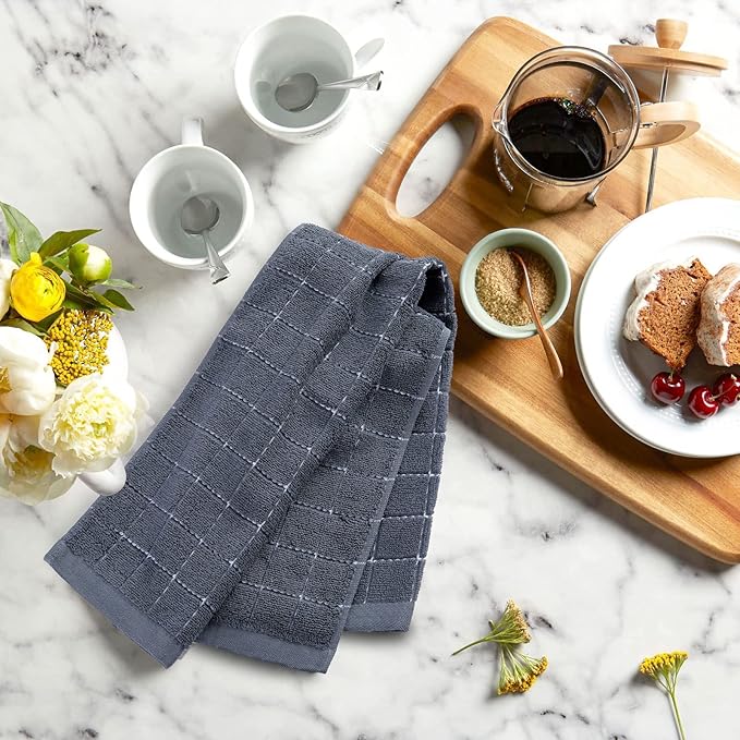 Mordimy 100% Cotton Terrycloth Kitchen Towels and Dishcloths Sets, Soft and Absorbent Checkered Dish Towels, Quick Drying Dish Rags for Washing Dishes, 4 Pack 16" x 26" & 4 Pack 12" x 12", Grey