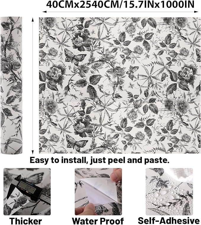 Drawer Liner Contact Paper for Dresser Peel and Stick Wallpaper Sketched Design 15.7x1000in Self Adhesive Removable Black Maroon Rose Floral Butterfly Vintage Cabinet Shelf Renter Friendly