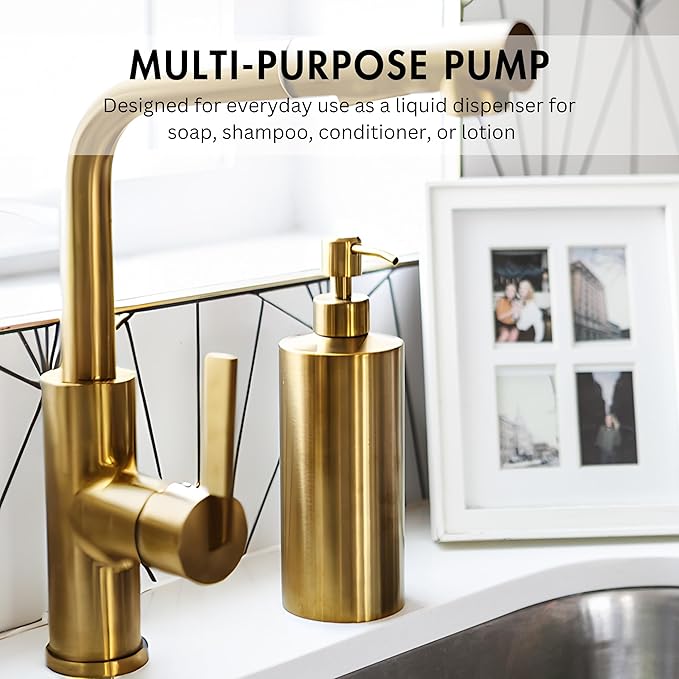Brass Soap Dispenser for Kitchen & Bathroom – 15 oz Refillable Resin Pump Bottle for Dish Soap, Hand Soap, Shampoo, Conditioner – Modern Countertop Dispenser with Non-Slip Protective Pads