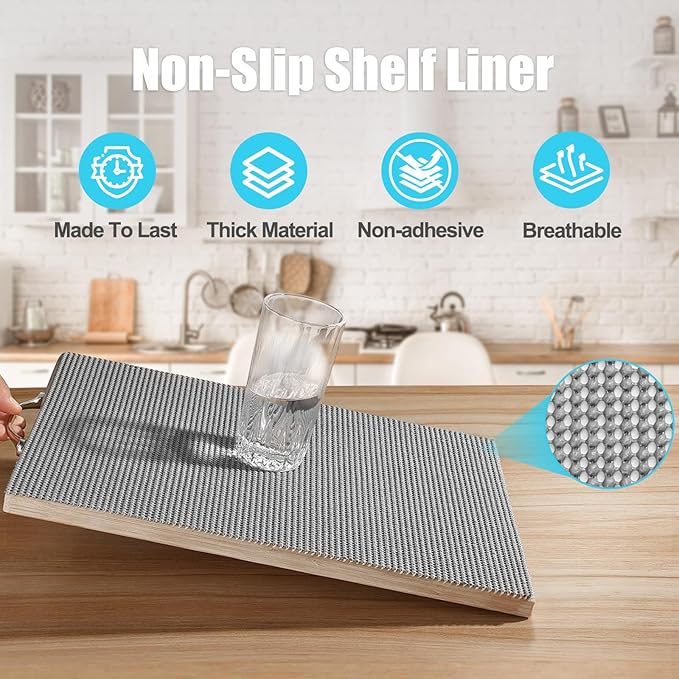 Songrey Non-Adhesive Drawer and Shelf Liner, Non Slip Cabinet Liners, Protect Kitchen Cupboard, Bathroom Drawers, Breathable, Thick Strong Grip mat (20IN x 20FT, Light Gray)