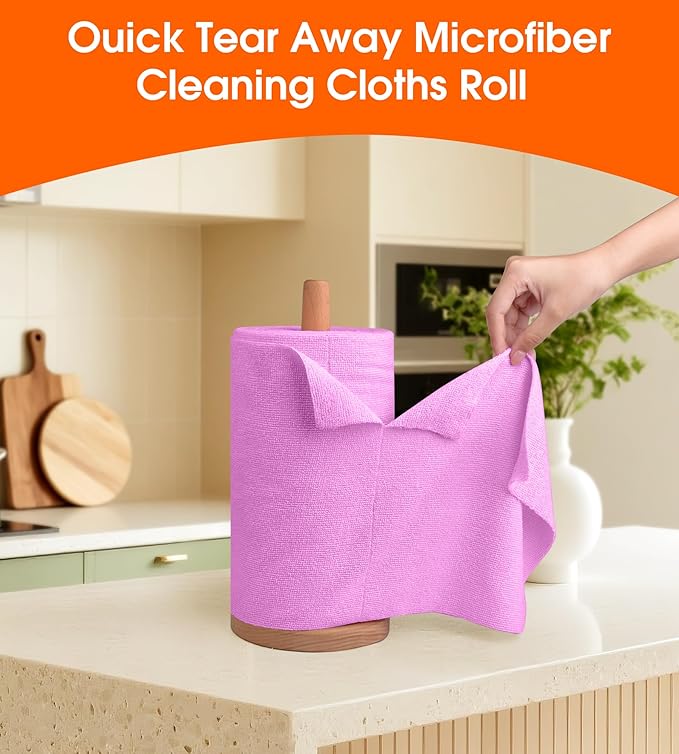 Microfiber Cleaning Cloth Roll - 100 Pack Tear Away Microfiber Paper Towels, Reusable, Washable, Scratch-Free, Kitchen Towels for Car, Home, Kitchen, Glass, Dishes (Light Purple)