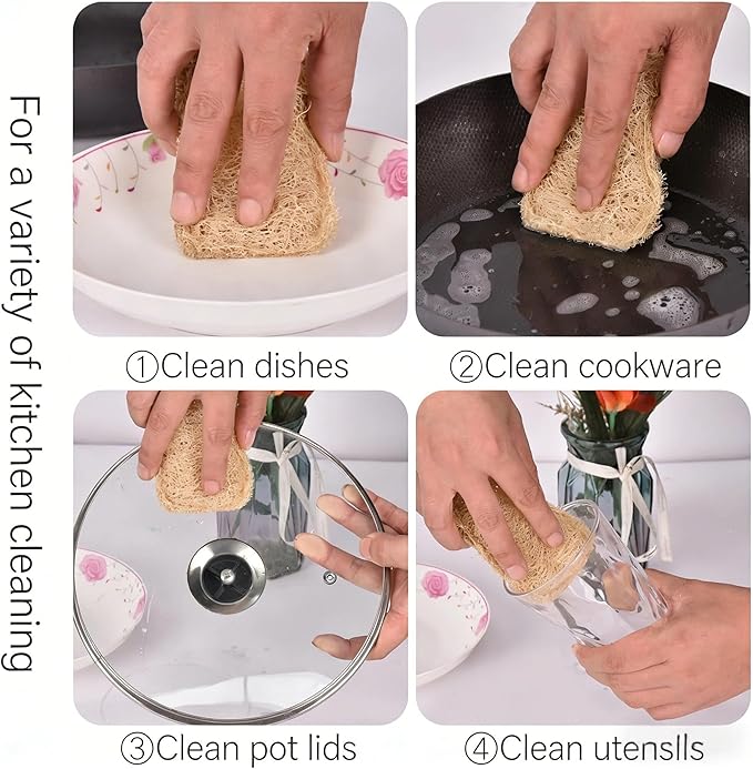 Ultimate 4-in-1 Kitchen Cleaning Set: Natural Loofah Roll, Pads, 3 Suction Cup Brushes (Dish/Bottle/Straw), Bendable Detail Brush - All-Purpose Scrubbing for Pots, Pans, Cups, Sinks, Corners