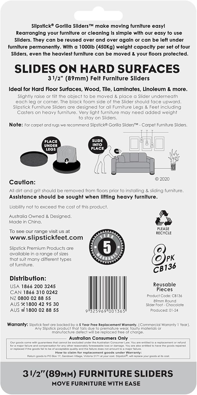 GorillaSliders Premium Felt Furniture Sliders for Hardwood Floors (8 Pack) Reusable 3-1/2” Round Felt Furniture Movers for Sliding on Hard Surfaces, Heavy Duty Felt & Rubber Foam, Black, CB136