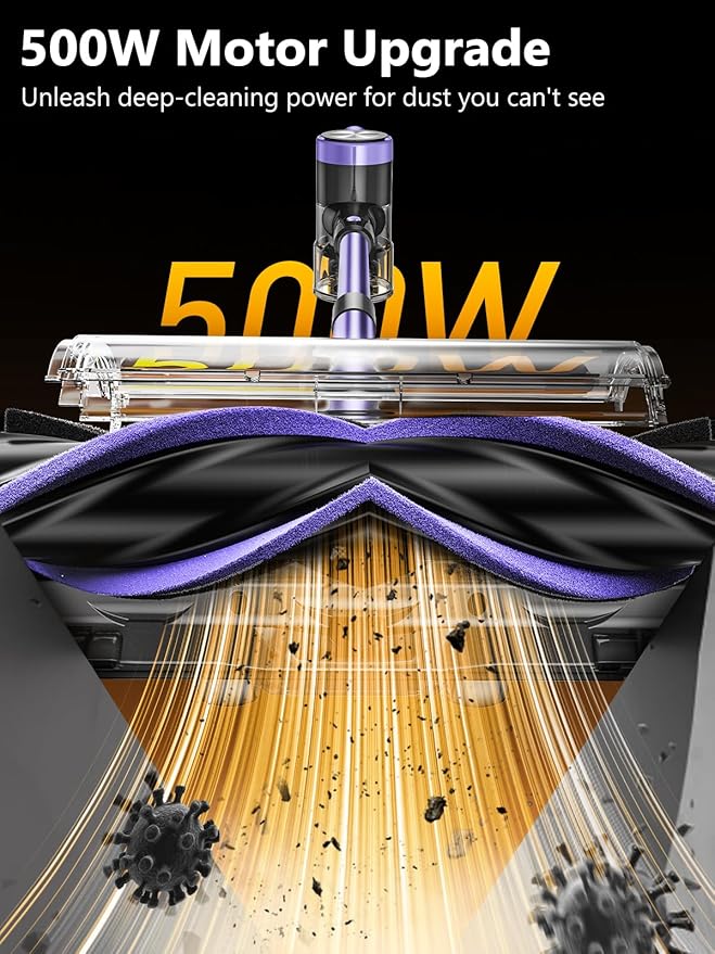 Cordless Vacuum Cleaner, 46KPa/500W Stick Vacuum with 55 Mins Runtime, Self-Standing Vacuum Cleaner for Home, LED Display, Anti-Tangle Brush, Rechargeable Vacuum for Hardwood Floor, Pet Hair (Purple)