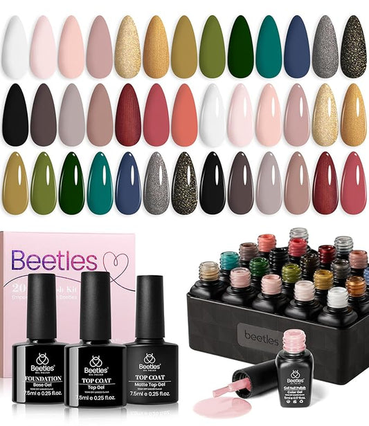 Beetles Gel Nail Polish Kit with Base Top Coat, Neutral Nude Brown Pink Grey Green White Black Glitters Gel Polish Set Soak off UV Led Nail Art Manicure Gift for Women