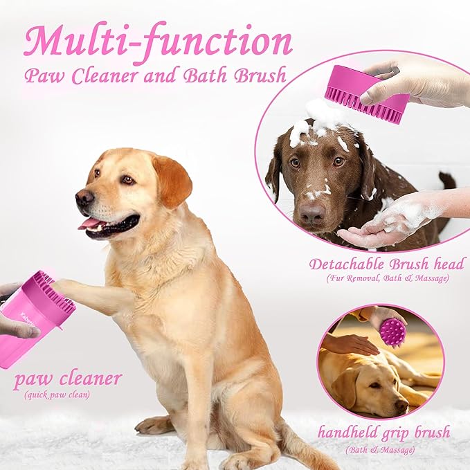 Dog Paw Cleaner Kit - Pink, for L/XL Dogs, Quick Clean No Full Bath, 5-in-1 Bath Grooming Kit, Exclusive Cup-Mounted Brush Head, Grip Silicone Brush, 3 Absorbent Towels, Fits Lab