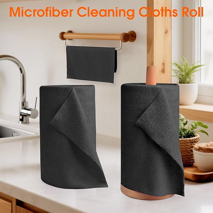 Microfiber Cleaning Cloth Roll - 100 Pack Tear Away Microfiber Paper Towels, Reusable, Washable, Scratch-Free, Kitchen Towels for Car, Home, Kitchen, Glass, Dishes (Black)