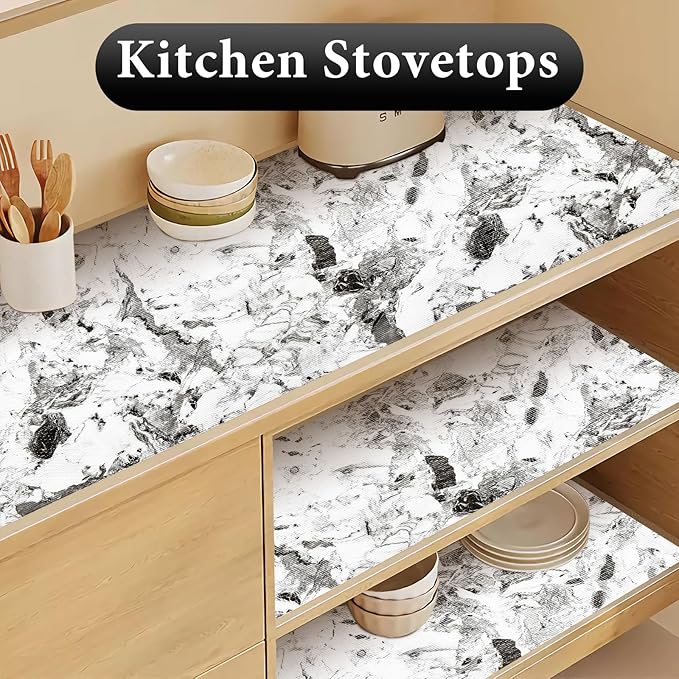 Drawer and Shelf Liner for Kitchen Cabinet: 23.6 in X 20 Ft Non Slip Waterproof Shelf Paper Non Adhesive Refrigerator Liners Grey and White Marble Easy Liners for Bathroom with Knife Tape Measure