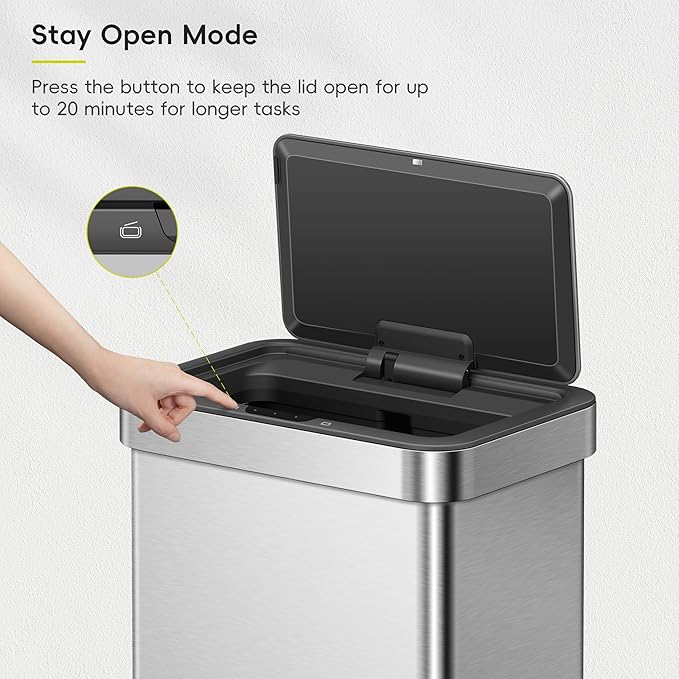 EKO EcoNova 13.2 Gallon/ 50L Automatic Sensor Kitchen Trash Can, Stainless Steel Touchless Garbage Bin with Soft-Close &Stay-Open Lid, Fingerprint-Resistant