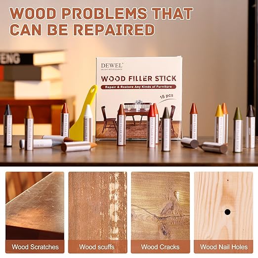 DEWEL Wood Filler Sticks, 18 Colors Wood Crayons for Scratches, Wood Floor Repair Wax Filler Sticks, Furniture Scratch Repair Crayons Kit for Wood Holes, Scratches, Table