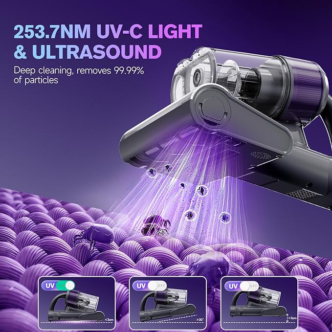 Mattress Vacuum Cleaner, Ultrasonic Bed Vacuum Cleaner with 18Kpa Strong Suction, 150°F Heat & 253.7nm UV-C Light, Intelligent Dual Cup, One-Click Dust Removal for Bed, Sofa, Pet Hair, Grey