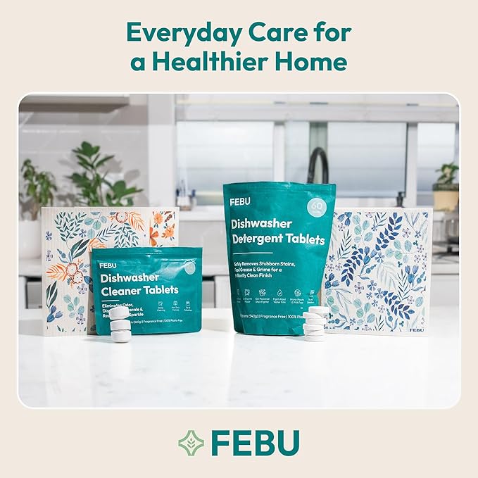 FEBU Plastic-Free Dishwasher Detergent Tablets for Deep Cleaning | Non-Toxic Dishwasher Pods, 60 Loads, 9g, Spot & Film-Free Even in Hard Water | Dissolves Fully, Enzyme + Oxygen Power | Unscented