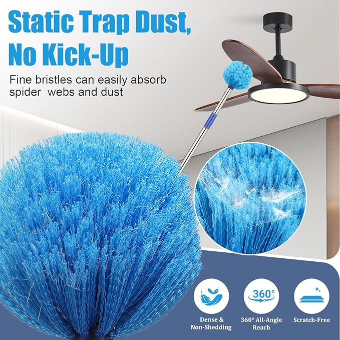 Cobweb Duster with Extension Pole, 8 FT Long Duster for High Ceilings, Walls, Medium Stiff Bristles Cobweb Brush with Lightweight Stainless Steel Pole for Outdoor Indoor Cleaning