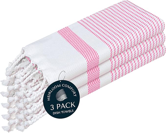 Pink Turkish Kitchen Towels 16x26 Inch, 3 Pack, 100% Cotton, Ultra Absorbent, Soft, Fast Dry, Machine Washable, Dish Towel with Tassels for Drying Dishes, Cleaning, Everyday Use