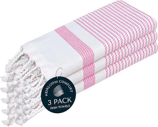 Pink Turkish Kitchen Towels 16x26 Inch, 3 Pack, 100% Cotton, Ultra Absorbent, Soft, Fast Dry, Machine Washable, Dish Towel with Tassels for Drying Dishes, Cleaning, Everyday Use