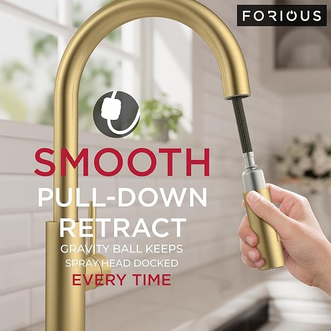 FORIOUS Kitchen Faucet with Soap Dispenser, Modern Brushed Gold, Single Handle High Arc Stainless Steel Kitchen Sink Faucet with Pull Down Sprayer, 1 or 3 Hole Deck Mount for RV, Laundry, Outdoor