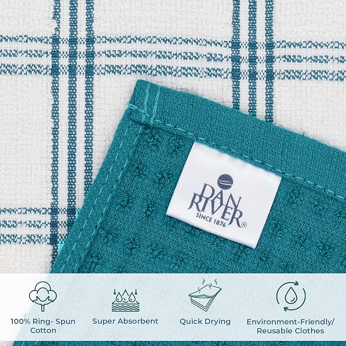 DAN RIVER Premium Dish Cloth 100% Cotton 12 X 12 Inches |Pack of 8|-Ultra Soft Tea Towels-Highly Absorbent Kitchen Rags-Terry Dishcloth for Kitchen and Household Cleaning |Teal|
