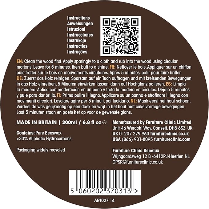 Furniture Clinic Premium Beeswax Polish (6.8oz/200ml) | Condition, Restore, Protect, & Waterproof Wood Furniture, Cabinets, and More | Natural Wax for all Wood Types & Colors - Oak, Teak, Dark & Light