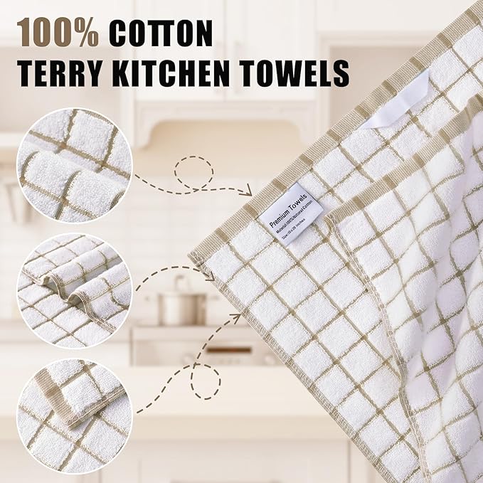 Homaxy Premium Kitchen Towels(16”x 28”, 8 Pack), Large Ring Spun Cotton Dish Towels, Super Absorbent Soft Terry Kitchen Hand Towels, Check Design Tea Towel Set with Hanging Loop, Tan