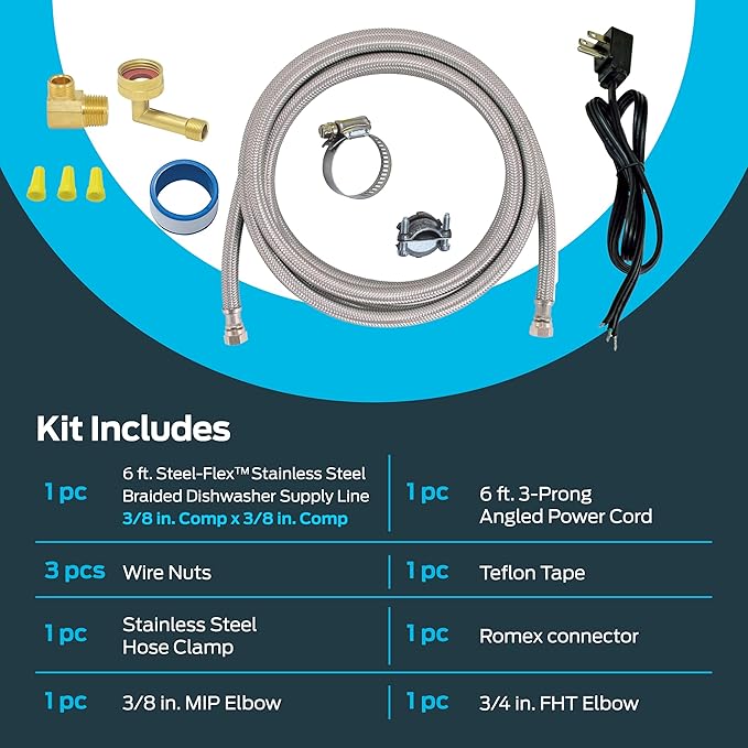 Eastman 6 Ft. Dishwasher Installation Kit, Braided Stainless Steel Supply Line with 3/8 Inch Compression Ends, 3-Prong Straight Power Cord, 41150