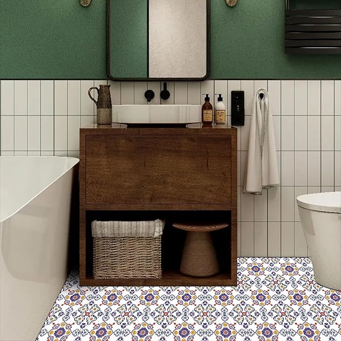 10PCS 12x12 Inch Vintage European Floral Peel and Stick Floor Tiles Removable Self Adhesive Vinyl Flooring Stickers for Entryway Kitchen Living Room Decor