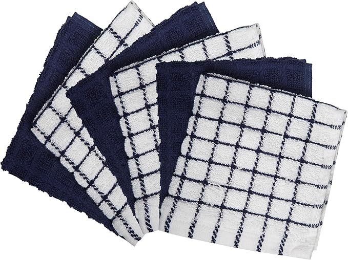 Bumble Premium Cotton Dish Cloths 12" x 12"| Navy Design | 405 GSM | Highly Absorbent & Soft Dish Towels | 100% Natural Ring Spun Cotton Kitchen Towel Set - 6 Pack