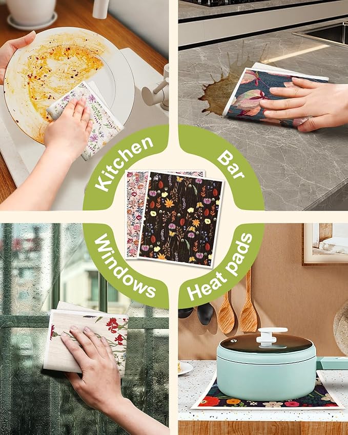 8 Pack Reusable Kitchen Swedish Dishcloths for Washing Dishes - Absorbent Fast Drying Cleaning Sponge with Cute Flower Design - Washable Decor Cloths