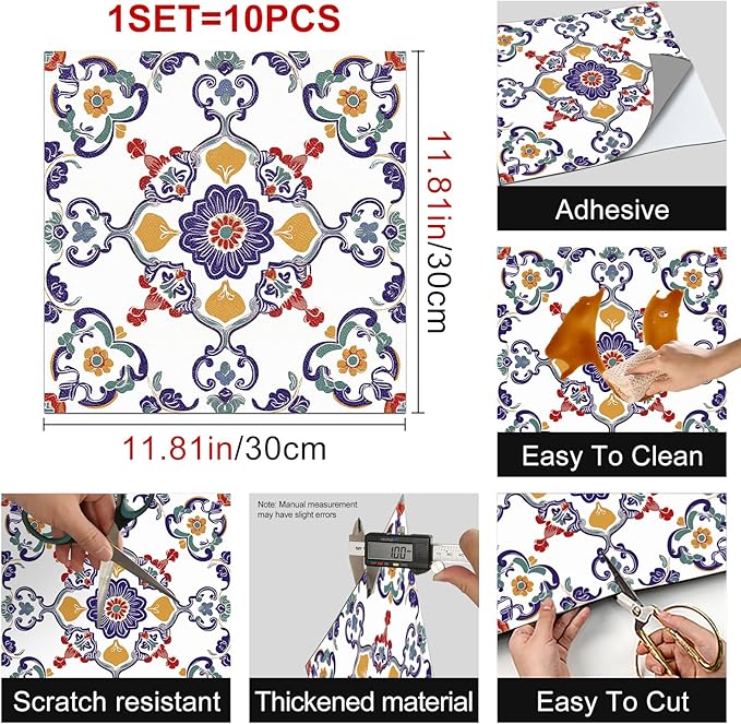 10PCS 12x12 Inch Vintage European Floral Peel and Stick Floor Tiles Removable Self Adhesive Vinyl Flooring Stickers for Entryway Kitchen Living Room Decor