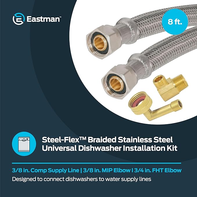 Eastman 8 Ft. Dishwasher Installation Kit, Braided Stainless Steel Supply Line with 3/8 Inch Compression Ends, 41059